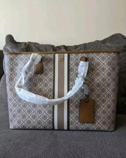 TORY BURCH T MONOGRAM COATED CANVAS TOTE BAG size Large