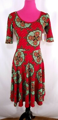 LuLaRoe Nicole Dress Size S Red Mandala Pattern A-Line Scoop Neck Short Sleeve