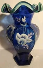 Fenton Cobalt Blue Floral Hand Painted Hexagonal Vase 1998 75th signed B Kincaid