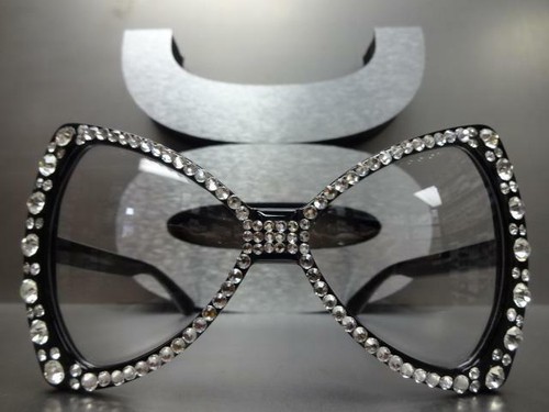 OVERSIZE EXAGGERATED Clear Lens EYE GLASSES Bling Crystals Bow Shape Black Frame - Picture 4 of 7