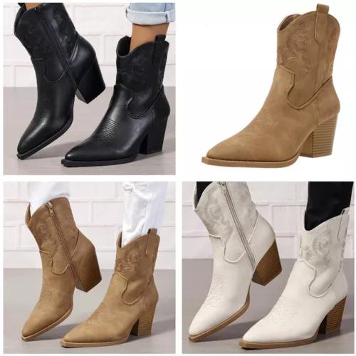 Cowboy Boots Mid Calf Shoes Ladies Zip Heel Western Faux Leather Womens Size UK - Picture 7 of 19