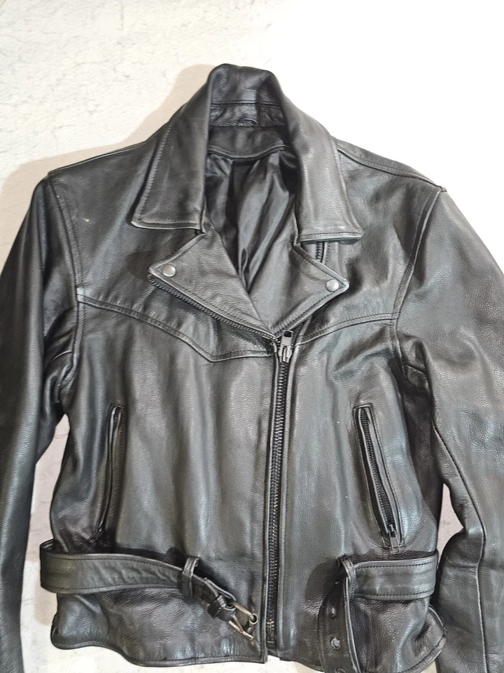 Chaqueta de cuero vintage para motocicleta cremallera completa con cinturón peso pesado años 90 para mujer talla mediana” Foto 2 de 4