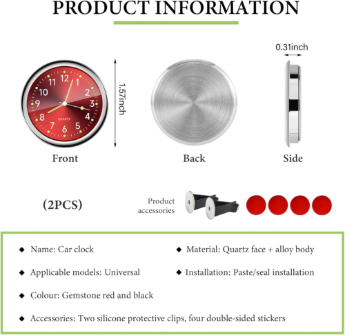 2PCS Stick on Dashboard Car Clock, Mini Luminous Analog Clock with Vent Clip & A - Picture 2 of 12