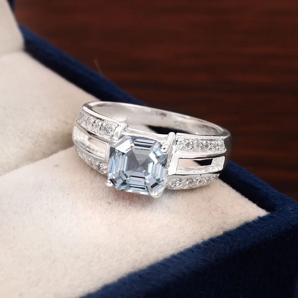 AAA Aquamarin Ring Asscher Cut 9x9 MM 925 Sterling Silber Ring Größe 5-9 Bezel - Bild 2 von 3