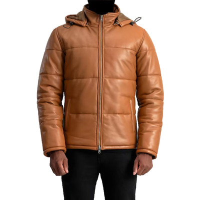 Men s  Tan Leather Puffer Jacket with Hood | Real Lambskin Leather Winter Coat .