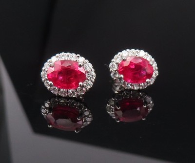 Estate 2.28ct GIA Synthetic Ruby & 0.38ct Natural Diamond Platinum Stud Earrings