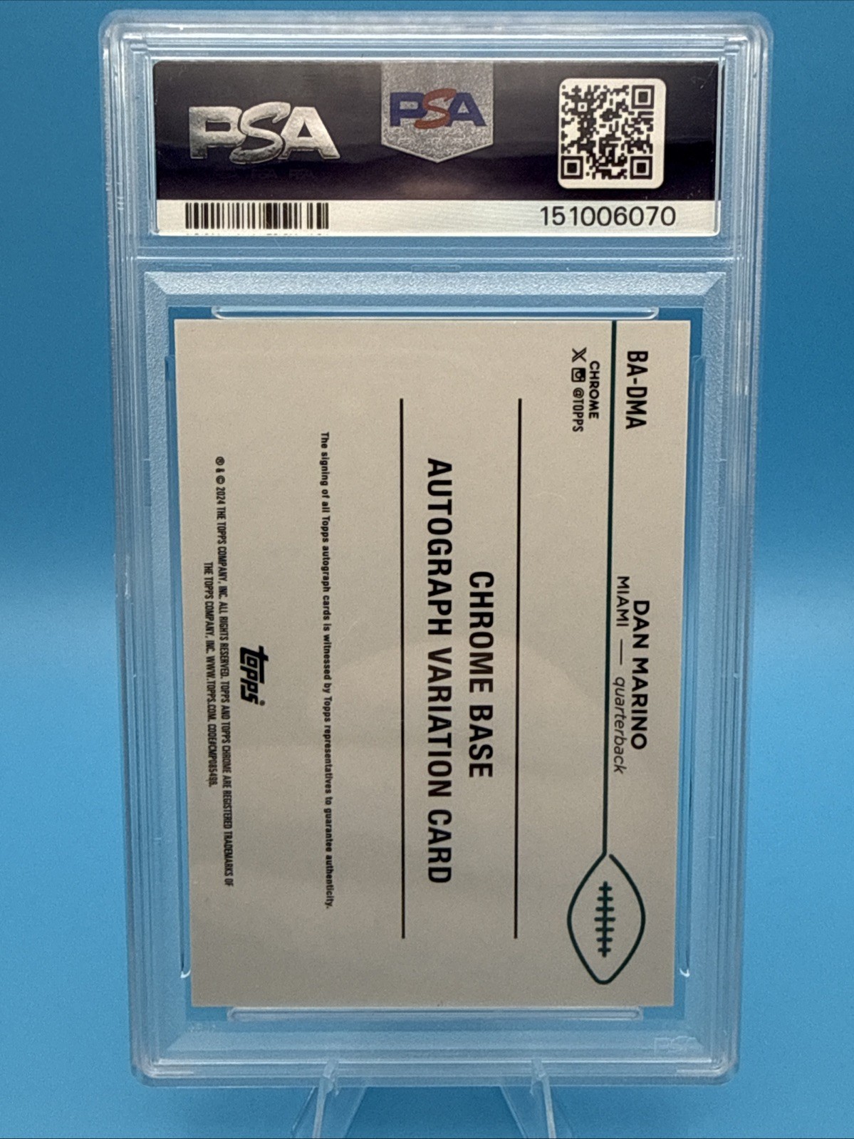 Dan Marino 2024 Topps Chrome Sapphire 1/1 Auto PSA 10 GEM MINT Dolphins HOF view 3