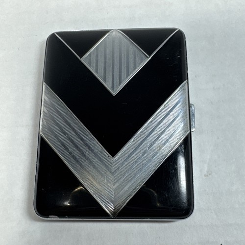 Portasigarette vintage metallo e smalto art deco nero e argento 3,5”x2,75”