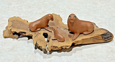 VTG Cardee West Corp. Burl Wood Seal Sea Lions Figurine Animal Sculpture 12"