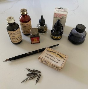 Misc Lot of Vintage Ink Pen, Nibs, Ink Bottles, Stamp Pad Ink Bottles