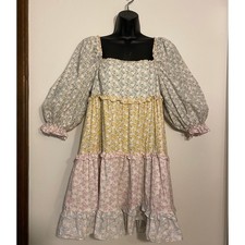 Storia Women L Floral Patchwork Tiered Ruffle Mini Dress Puff Sleeve Cottagecore