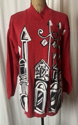 Vintage IB Diffusion Pullover Sweater Red White Black City Scape Beaded Sz M
