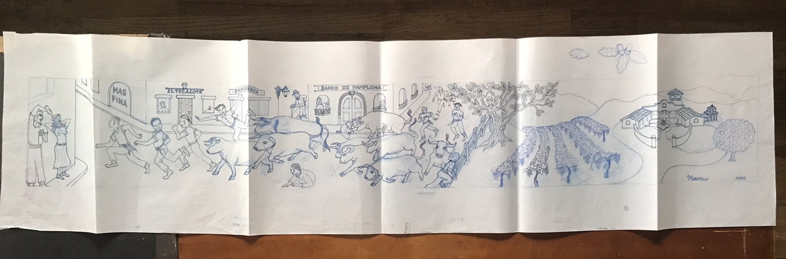 Mural Banco di Pamplona borrador diseño Morrelli 2003 corriendo con toros 14 x 60 pulgadas