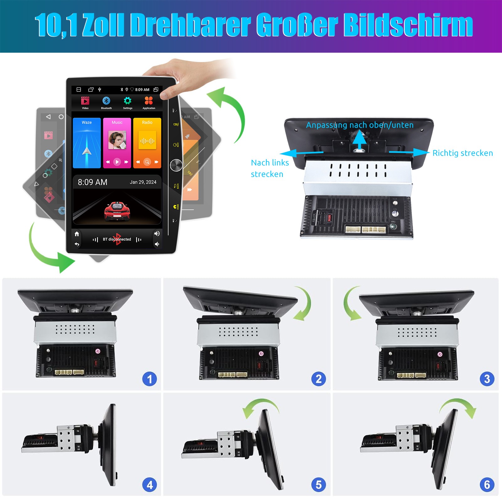 DAB+ Android 15 4+64GB Carplay Autoradio GPS Navi 1 DIN 360° Girevole Schermo foto 5