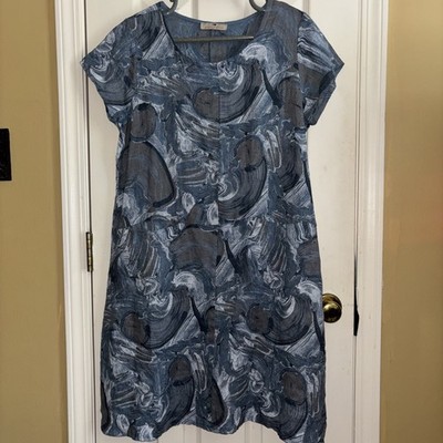 Lands DownUnder  Blue Italian Linen Lagenlook Dress Size M Pockets