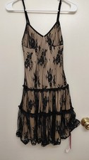 Women s Sheer Floral Lace Full Slip, Beige/Black, Size S, Ruffle Hem