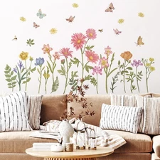 Boho Flower Wall Decals Wildflower Garden Floral Wall Stickers Backdrop for G...