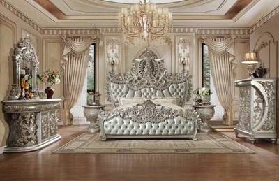 Luxuriously Carved Baroque Bedroom Set Finished In Metallic Silver W/ Gold Touch