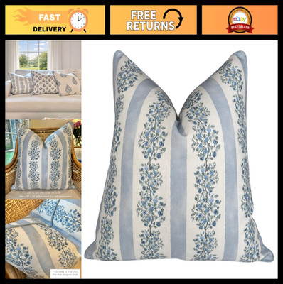 Floral Block Print Pillow Cover - Soft Blue & Off-White Decorative Throw Pillow