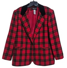 Tartan Plaid Wool Blazer Sag Harbor Women 14 Red Black Velvet Collar Vtg