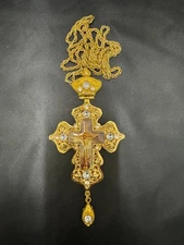 Gold-Plated Pectoral Cross with White Stones and Crucifix – Priest’s Cross
