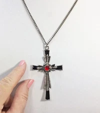 JPI Silvertone and Black Enamel Cross Pendant Necklace on 20" Chain