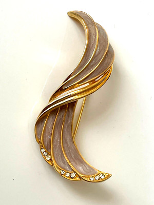 Emaille Brosche Strass vergoldet signiert C'est Bien (Japan) gedrehte Linie 6,4 cm Neu
