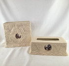 New ListingVintage Bathroom Set Cream Wastebasket Trash Can & Slip on Tissue Box Holder