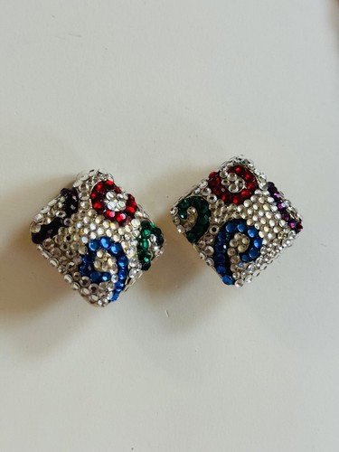 Glitzy Flashy Earrings VTG Clip Crystal Austrian Rhinestone Rare Chunky 80s Fun - Picture 2 of 6