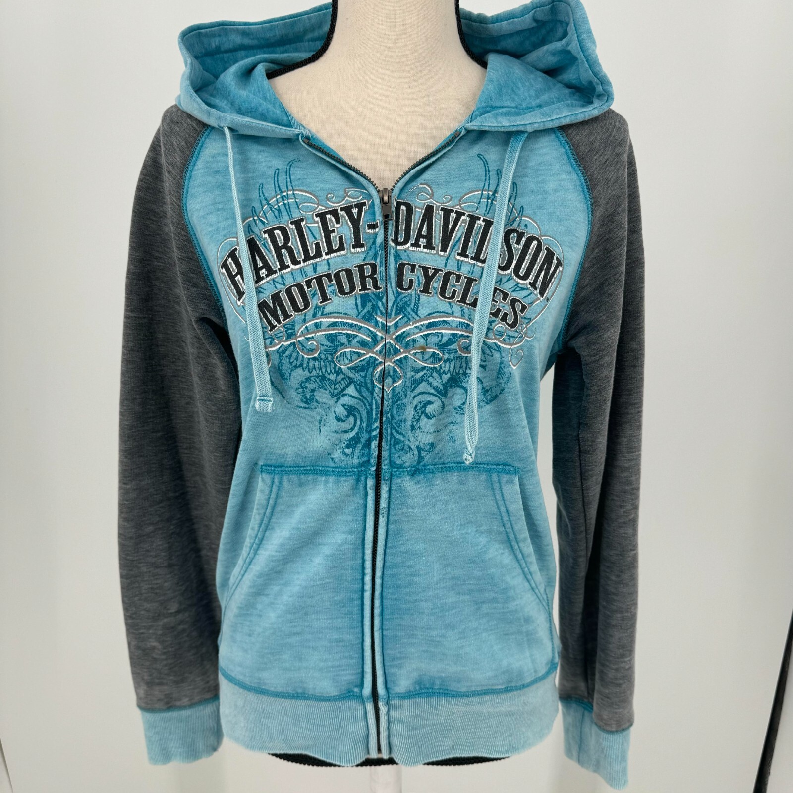 Harley Davidson Appleton WI WOMENS Blue Gray Hooded Full Zip Coat