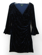 Lauren Ralph Lauren Dress Women 4 Blue Velvet Wrap Ruched Party Flared Sleeve