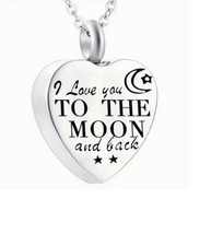 URN HEART MEMORIAL ASHES CREMATION MOON Pendant 18" 925 Sterling Silver necklace