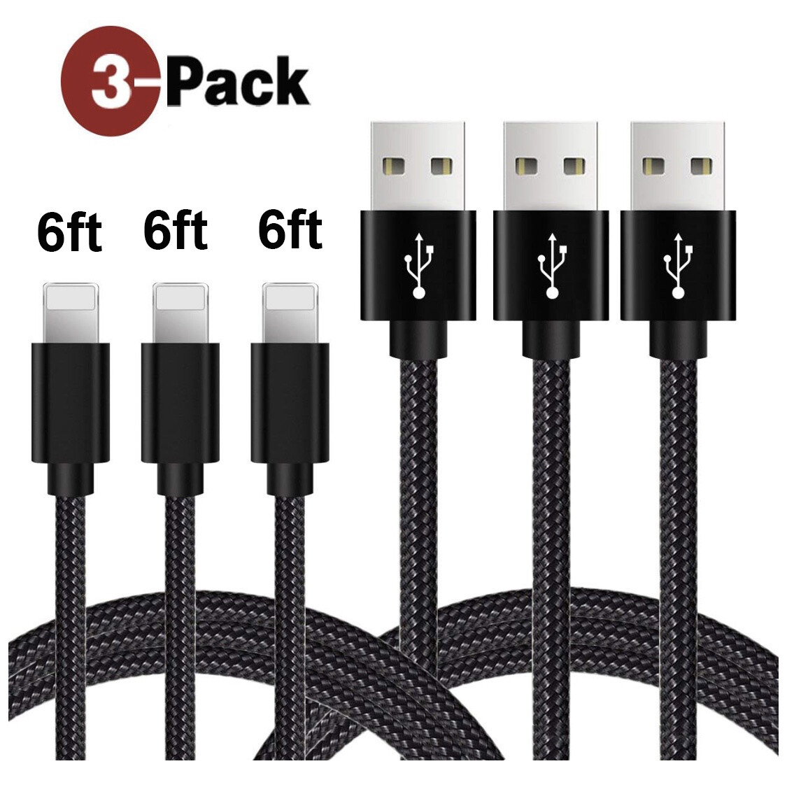 3-Pack 6 FT USB Data Cable Heavy Duty Phone 7 Plus 6 5 Charger Charging Cord