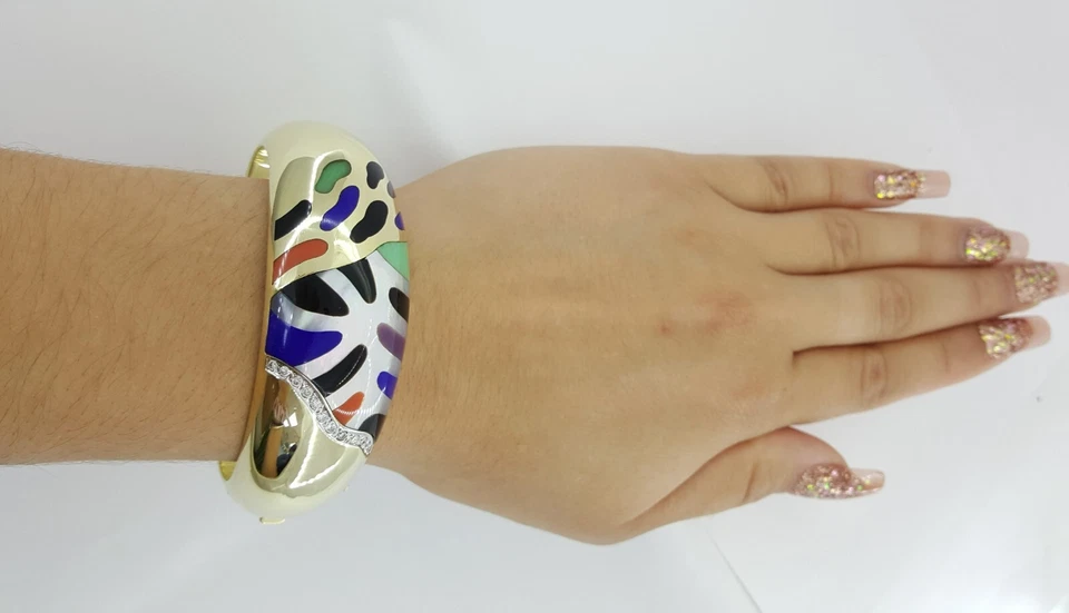 Asch Grossbardt Round Diamond & Enamel Multi Stone Bangle 61g 14K Yellow Gold - Image 2 of 4