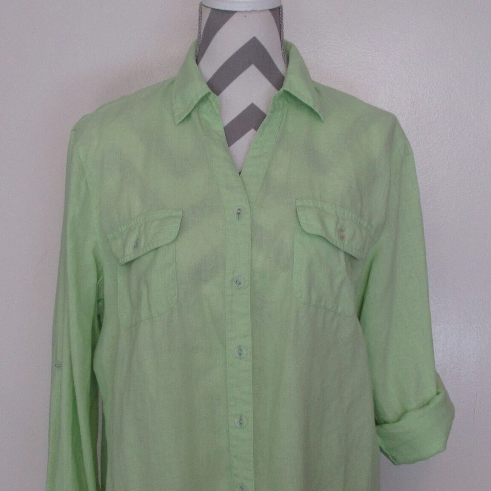 Camisa Top Studio Works 3175 Verde 100% Lino Enrollable Manga Larga Con Botones M Foto 2 de 4