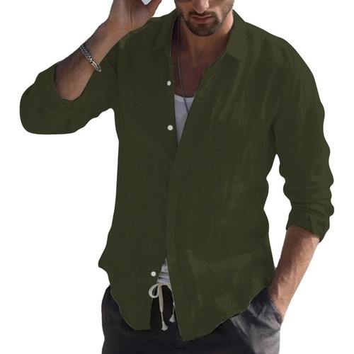 Camicia uomo bottoni manica lunga cotone lino t-shirt casual estate spiaggia *vendita* - Foto 12 di 18