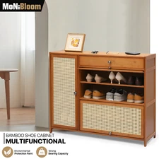 40"Bamboo Entryway[SHOE STORAGE CABINET]Filp up Plaid Door Boots Organizer Shelf