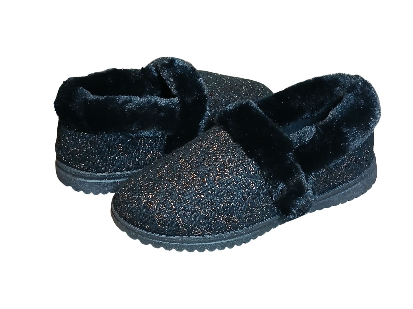 PANTOFOLA D’ORO Scarpa pantofole donna Skechers fuzzy memory foam taglia 10 nero oro scintillante slip on