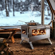 Portable Stainless Steel Wood Burning Stove w/ 7 Chimney Pipes for Tent, Cooking