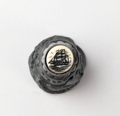 Admiral Z Pewter Thimble Carved Whale Ship on Top Engraved Whaling Scene