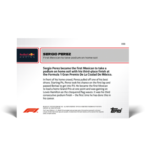 Sergio Perez Red Bull 2021 Topps Now Formula 1 F1 Card #68 Podium on Home Soil - Picture 2 of 2