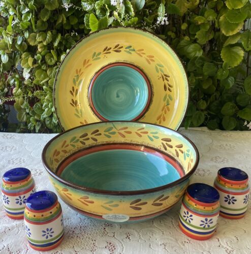 CASA DOMANI Handpainted ‘Sanremo’ Large Bowl+ Dip Server+ 2 Sets S&P Shakers