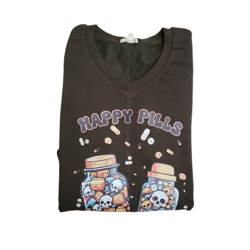 Halloween Totenkopf Happy Pills V-Ausschnitt Pullover olivgrün Gr. M gruselig Herbst - Bild 7 von 7