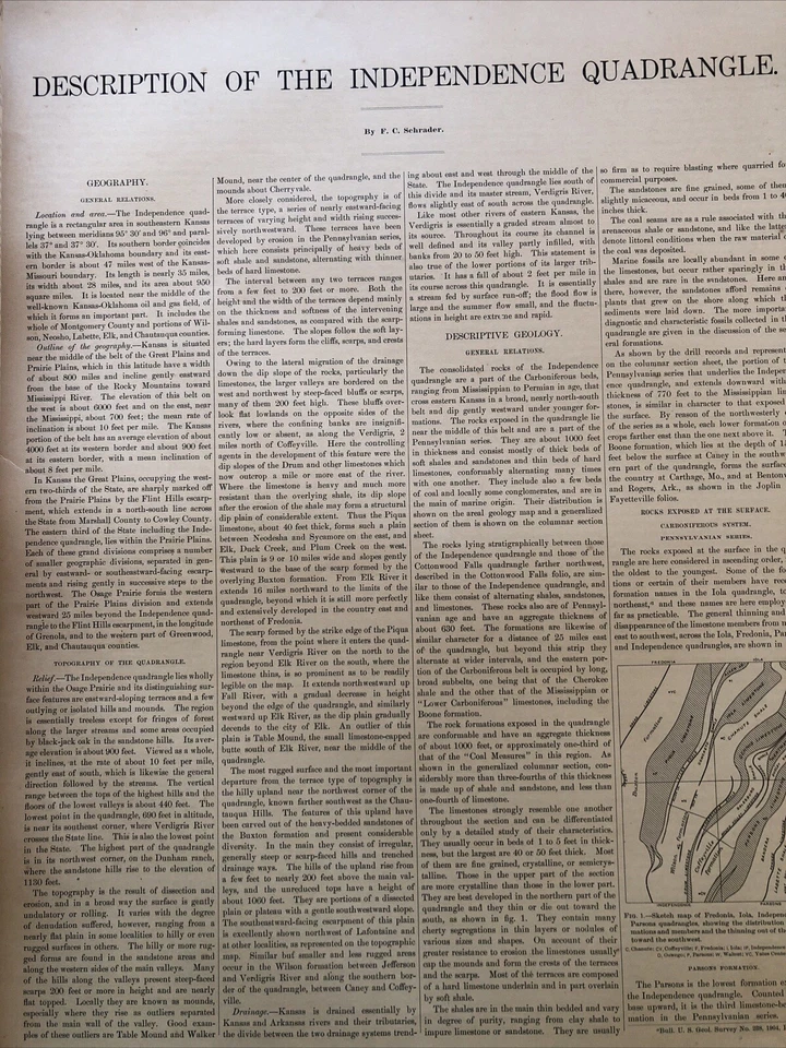 Mapas folio antiguos de 1908 del Atlas Geológico de Estados Unidos Independencia Kansas Foto 2 de 4
