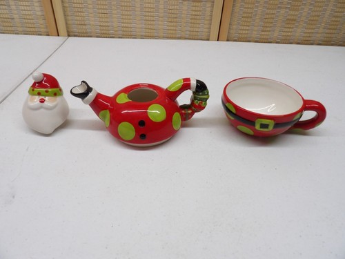 Merry Merry Cracker Barrel 3pc Ceramic Tea Pot Cup for One Set Christmas Santa - Picture 3 of 8
