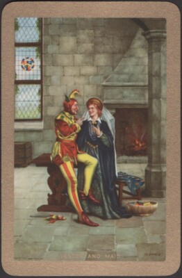 Playing Cards Single Card Old Vintage Named  * JESTER AND MAID * Grace Art JOKER
