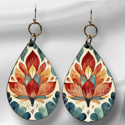 Folk Pop Art Autumn Colors Leaf Print Teardrop Earrings NO