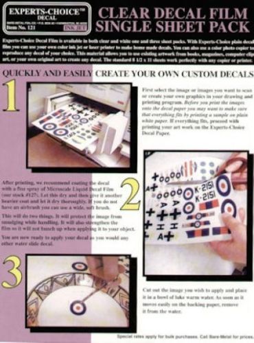 CLEAR DECAL FILM FOR INKJET PRINTER BY EXPERTS-CHOICE MAKE YOUR OWN DECALS