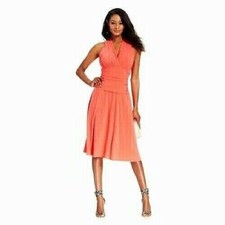 NWT Nine West Fireglow Coral Sleeveless Ruched Halter Cocktail Dress V-Neck 4