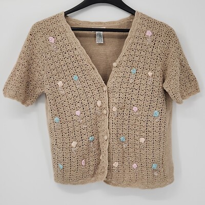 70's Granny Grandma Open Knit Crochet Brown Cardigan Size Large Flowers